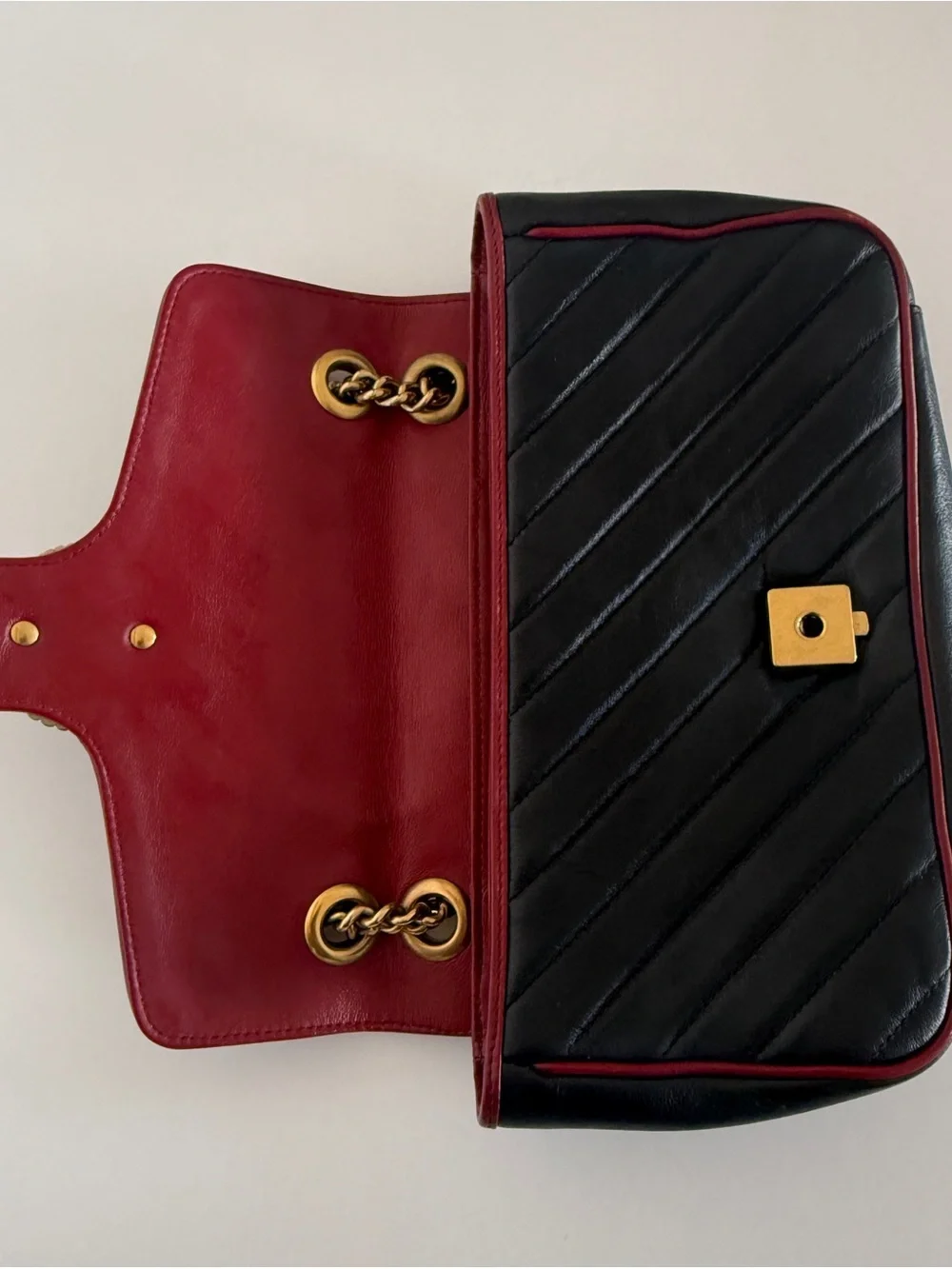 Gucci GG Marmont Medium Diagonal Black Bag Burgundy Trim Gold Hardware